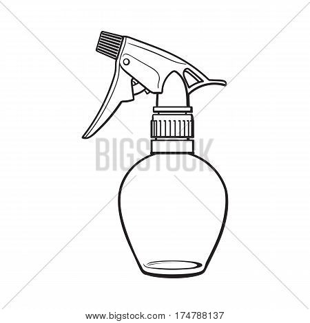 Unlabeled, transparent plastic hairdresser spray bottle, sketch style vector illustration isolated on white background. Hairdresser spray bottle, detergent, window cleanser liquid dispenser