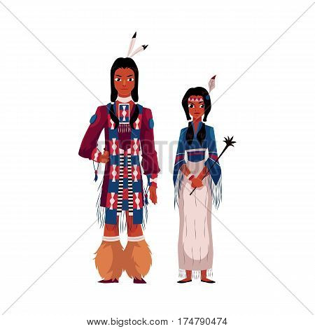 Native American Indian couple in national clothes, wearing tribal fringed shirts, cartoon vector illustration isolated on white background. Native American, Indian people in national clothes