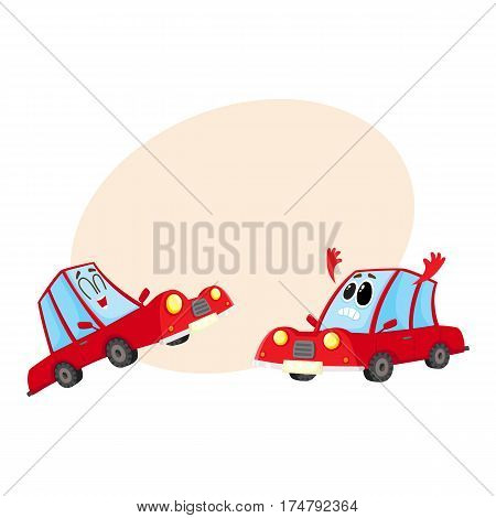 Two funny red car characters, one dismayed and despaired, another laughing happily, cartoon vector illustration with place for text. Couple of red car characters, mascots, laughing and sad