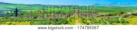 Panorama of the antique city of Volubilis, the capital of the kingdom of Mauretania and a UNESCO heritage site in Morocco