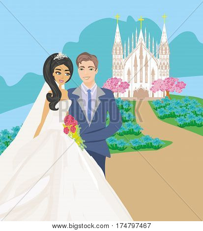 Wedding couple in front of a church , vector illustratrion