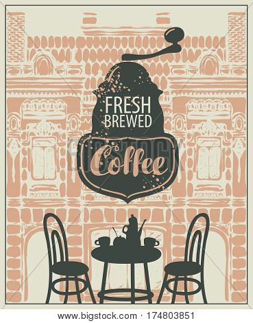 Banner for a sidewalk cafe with a facade of the old building furniture and coffee grinder