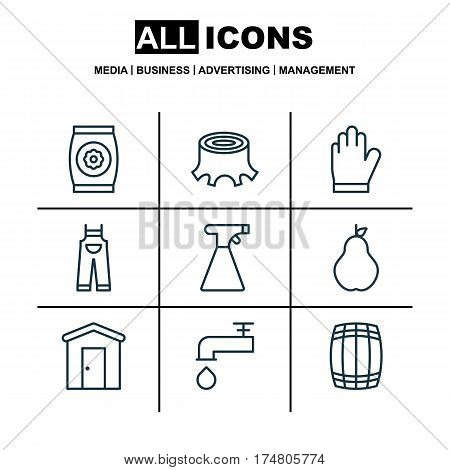 Set Of 9 Agriculture Icons. Includes Garden Clothes, Spigot, Protection Mitt And Other Symbols. Beautiful Design Elements.