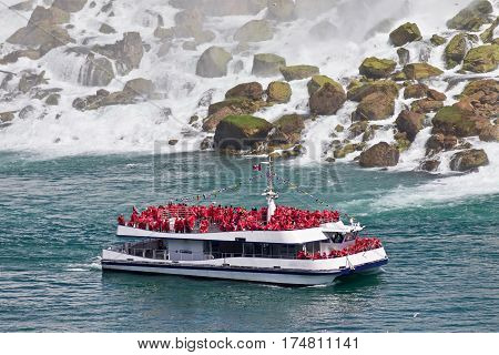 Beautiful Background With A Ship And Amazing Niagara Waterfall