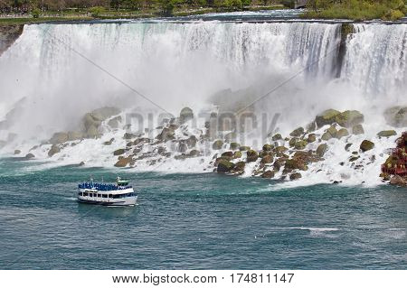 Beautiful Background With A Ship And Amazing Niagara Waterfall