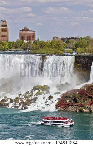 Beautiful Postcard With A Ship And Amazing Niagara Waterfall