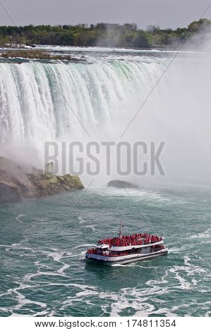 Beautiful Background With A Ship And Amazing Niagara Waterfall