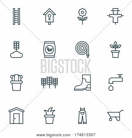 Set Of 16 Gardening Icons. Includes Bugbear, Spigot, Farmhouse And Other Symbols. Beautiful Design Elements.