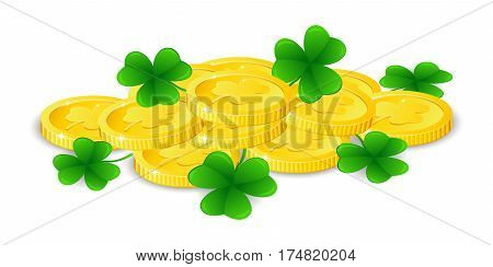 Golden coins with four leaf clover, vector illustration