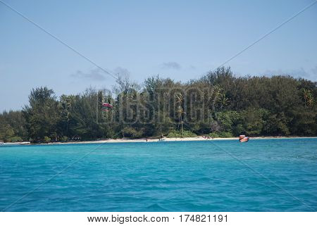 Transparent Sea Bora Bora, French Polynesia. Palm trees and beach.