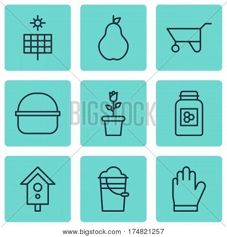 Set Of 9 Agriculture Icons. Includes Sun Power, Protection Mitt, Bucket And Other Symbols. Beautiful Design Elements.