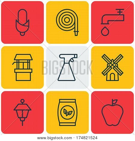 Set Of 9 Agriculture Icons. Includes Water Source, Spigot, Sprinkler And Other Symbols. Beautiful Design Elements.