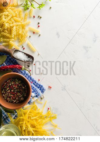 Bright Picture With Different Varieties Of Pasta And Lasha. Spices And Seasonings For Cooking.