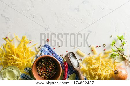 Bright Picture With Different Varieties Of Pasta And Lasha. Spices And Seasonings For Cooking.