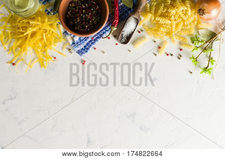 Bright Picture With Different Varieties Of Pasta And Lasha. Spices And Seasonings For Cooking.