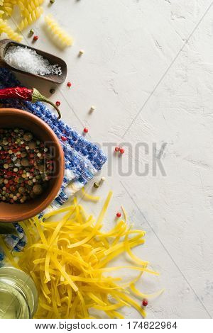 Bright Picture With Different Varieties Of Pasta And Lasha. Spices And Seasonings For Cooking.