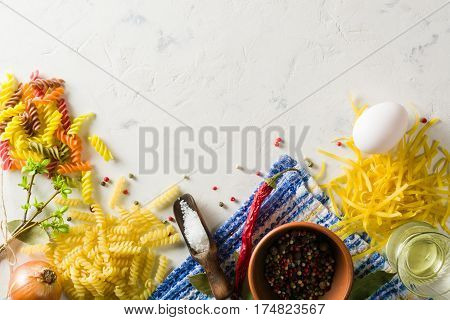 Bright Picture With Different Varieties Of Pasta And Lasha. Spices And Seasonings For Cooking.