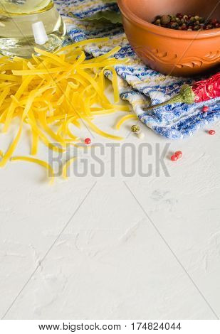 Bright Picture With Different Varieties Of Pasta And Lasha. Spices And Seasonings For Cooking.