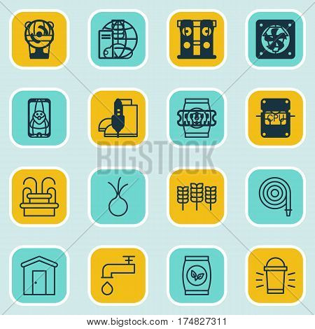 Set Of 16 Garden Icons. Includes Spigot, Garlic, Fire Tube And Other Symbols. Beautiful Design Elements.