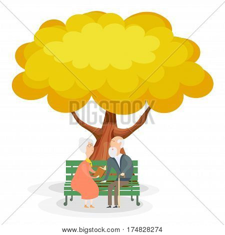 Old men on the bench. Elderly couple on a park bench under the yellow autumn tree. Illustration of a happy marriage. Harmony in old age. Stock vector illustration