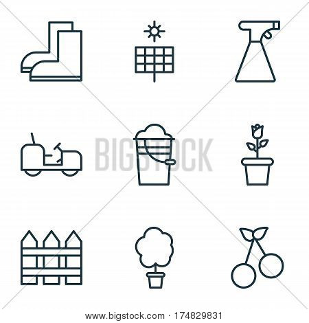 Set Of 9 Garden Icons. Includes Gardening Shoes, Bucket, Barrier And Other Symbols. Beautiful Design Elements.