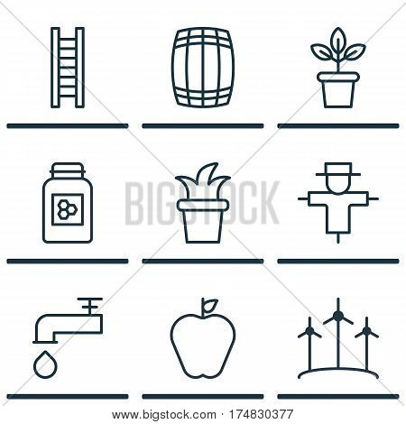 Set Of 9 Garden Icons. Includes Jar, Bugbear, Stairway And Other Symbols. Beautiful Design Elements.