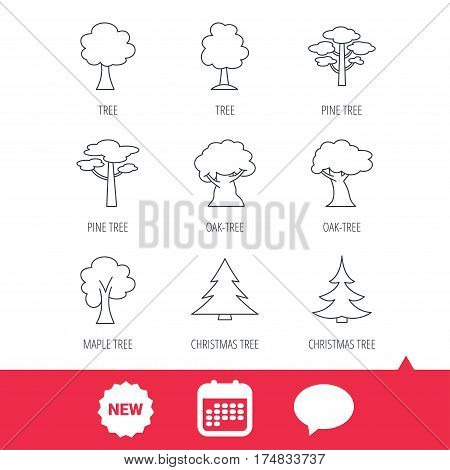 Pine tree, maple and oak icons. Christmas trees linear signs. Forest trees flat line icons. New tag, speech bubble and calendar web icons. Vector