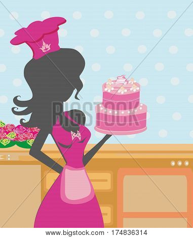 Housewife cooking cake in the kitchen , vector illustratrion