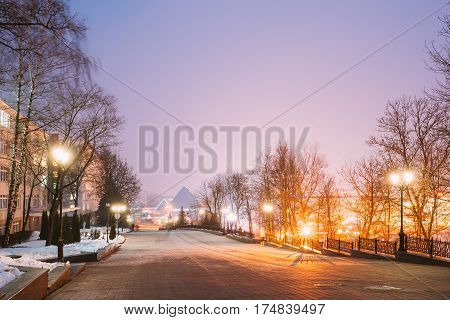 Night Street View Of Lenin With Gogol Street In Evening Or Night Illumination In Vitebsk, Belarus. Winter Season