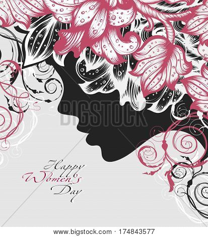 Silhouette of a woman decorated hand drawn flowers for Happy Womens Day
