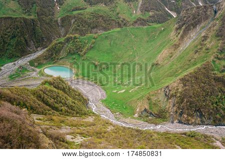 Aerial view of Gudskoye gorge In Georgia, Mtiuleti Region. Spring Mountain Landscape.