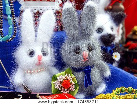 Furry colorful rabbit toy at the fair