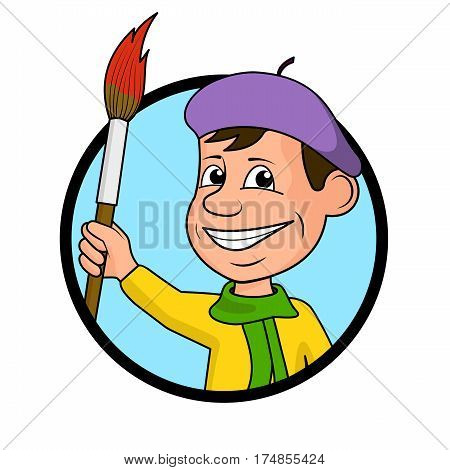 On the image presented Сheerful artist with a brush and paints a vector illustration.