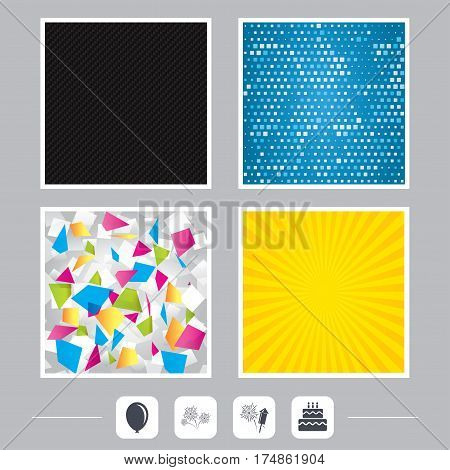 Carbon fiber texture. Yellow flare and abstract backgrounds. Birthday party icons. Cake and gift box signs. Air balloon and fireworks symbol. Flat design web icons. Vector