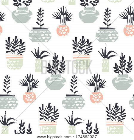 Plants in pots pattern. Dry brush textures
