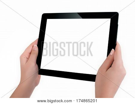 Hand Holding A Tablet Computer With White Screen. Woman Hands Showing Empty Screen Of Modern Digital