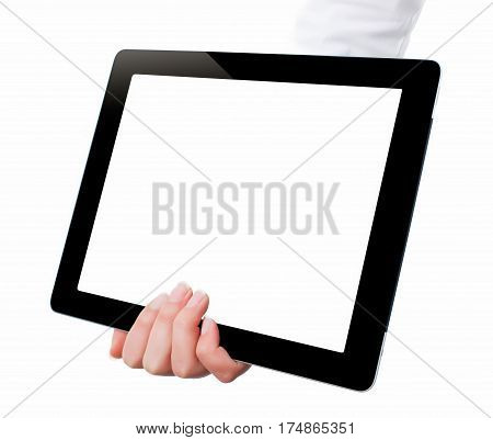 Hand Holding A Tablet Computer With White Screen. Woman Hands Showing Empty Screen Of Modern Digital