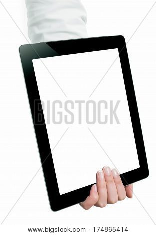 Hand Holding A Tablet Computer With White Screen. Woman Hands Showing Empty Screen Of Modern Digital
