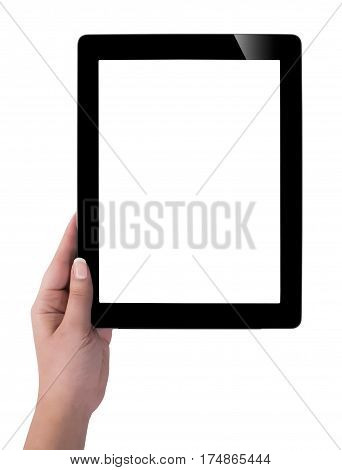 Hand Holding A Tablet Computer With White Screen. Woman Hands Showing Empty Screen Of Modern Digital