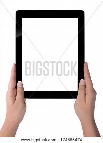 Hand Holding A Tablet Computer With White Screen. Woman Hands Showing Empty Screen Of Modern Digital