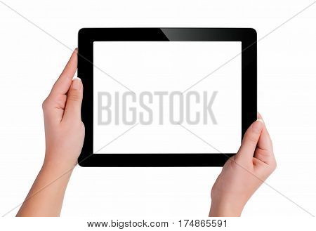 Hand Holding A Tablet Computer With White Screen. Woman Hands Showing Empty Screen Of Modern Digital