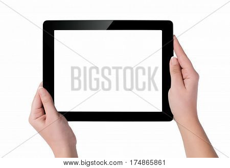 Hand Holding A Tablet Computer With White Screen. Woman Hands Showing Empty Screen Of Modern Digital