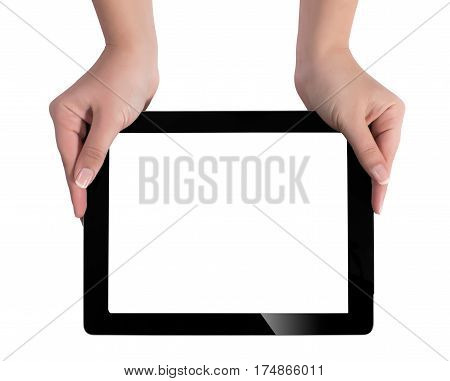 Hand Holding A Tablet Computer With White Screen. Woman Hands Showing Empty Screen Of Modern Digital