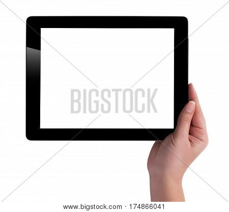 Hand Holding A Tablet Computer With White Screen. Woman Hands Showing Empty Screen Of Modern Digital