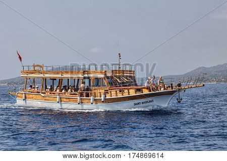 Antalya Turkey - 28 august 2014: Blue cruise journey by traditional wooden yachts along coast Antalya in Mediterranean sea.