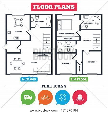 Architecture plan with furniture. House floor plan. Cargo truck and shipping icons. Shipping and eco bicycle delivery signs. Transport symbols. 24h service. Kitchen, lounge and bathroom. Vector