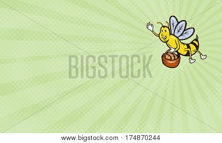 Business card showing Illustration of a bumble bee waving carrying a basket full of bread loaf done in cartoon style.