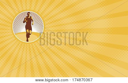 Business card showing Illustration of marathon triathlete runner running facing front view set inside circle done in retro style.
