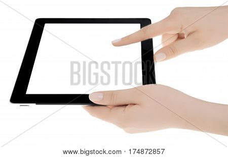 Hand Holding A Tablet Computer With White Screen. Woman Hands Showing Empty Screen Of Modern Digital