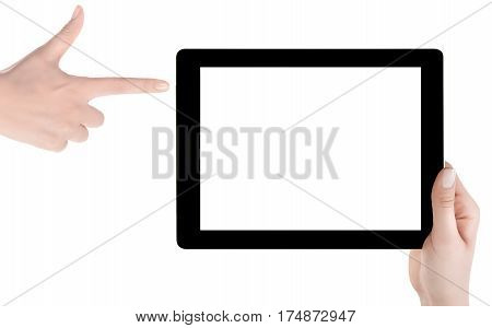Hand Holding A Tablet Computer With White Screen. Woman Hands Showing Empty Screen Of Modern Digital